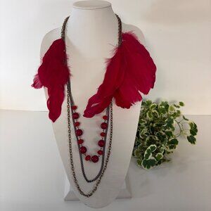 Multilayer Red Feather and Beaded Statement Necklace Antique Metal Finish Chains
